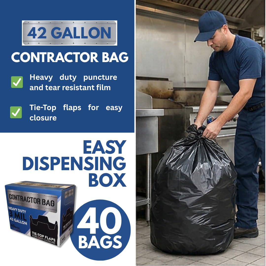 42 Gallon Black Contractor Garbage Bag, 40 Count D505180