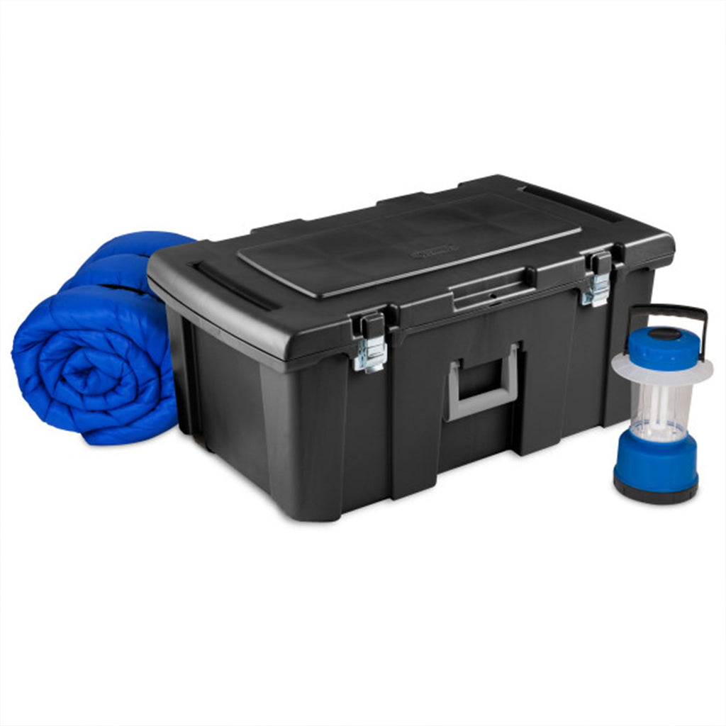 Stackable Plastic Storage Bin with Latching Lid, Wheels and Handle, Black D4021