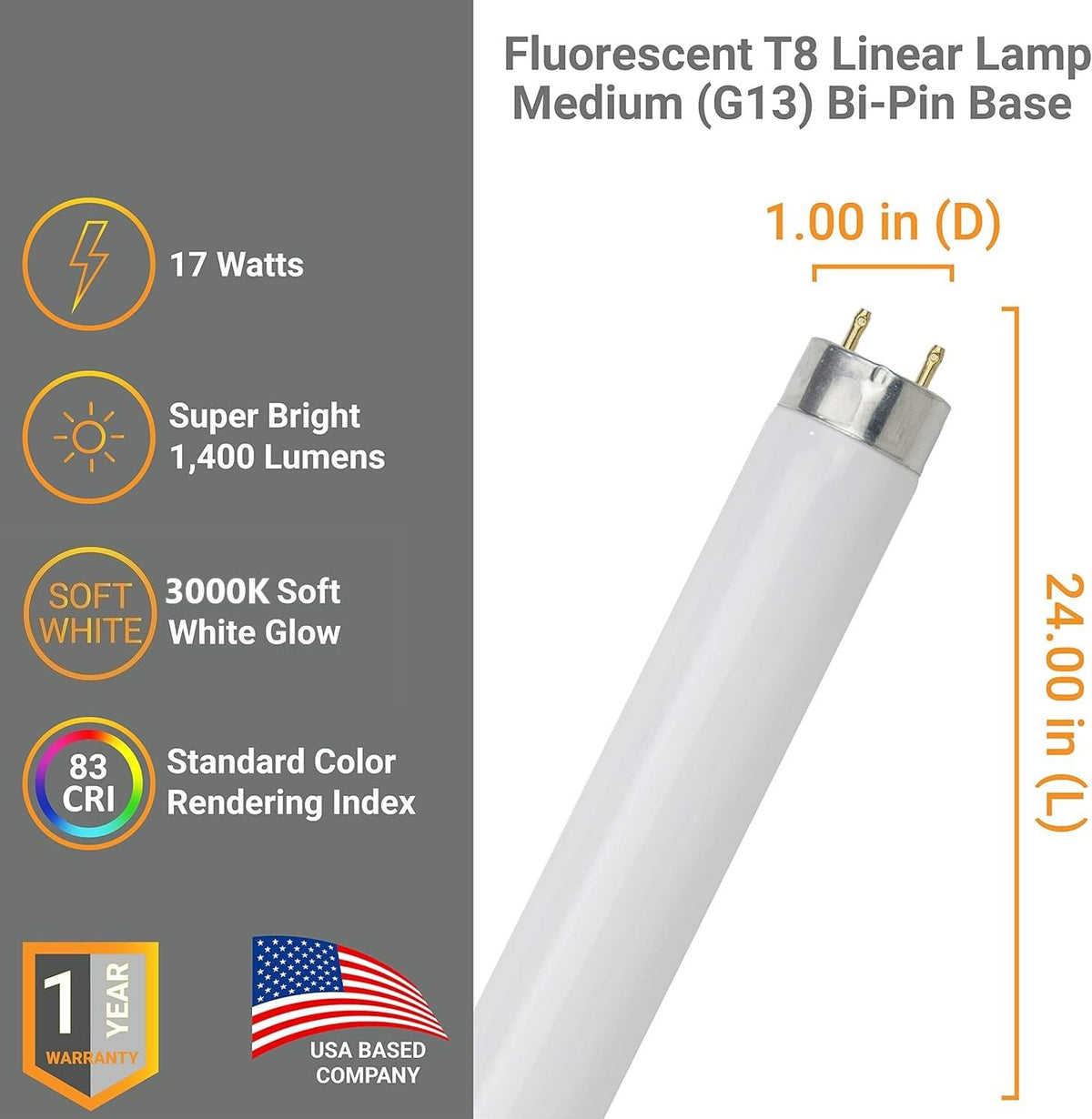 24 Inch T8 Fluorescent Tube Light Bulb 17W 1400 Lumens 3000K Soft White G13 Medium Bi-Pin Base 2 Foot Straight Linear Lamp Pack of 30 F75583