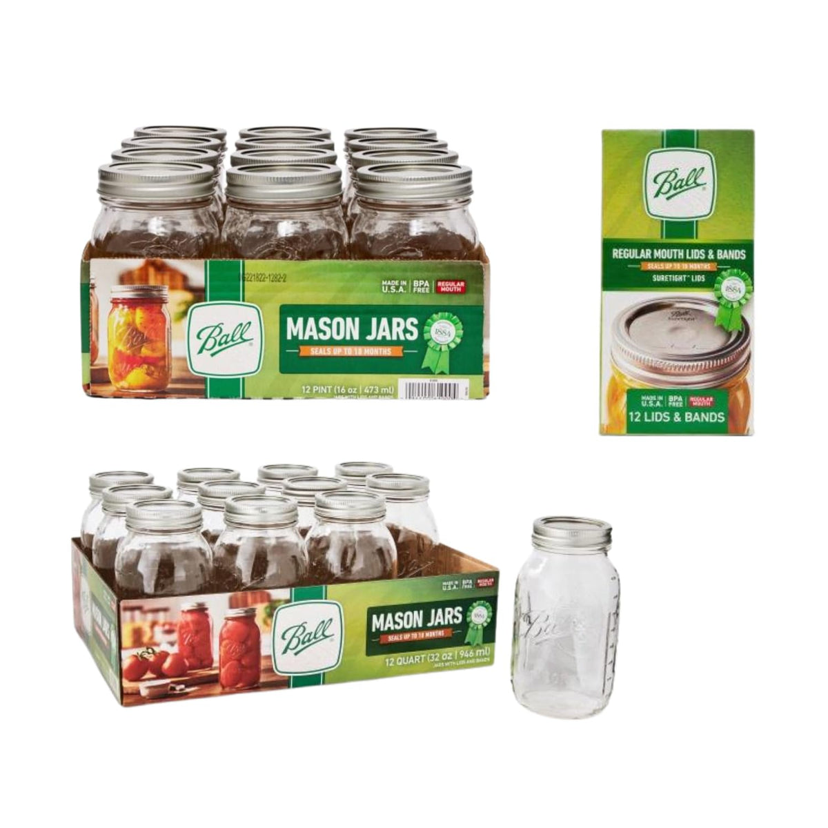 Regular Mouth Glass Mason Jars with Lids and Bands, 12 Pint 16 Ounce + 12 Quart 32 Ounce D97504