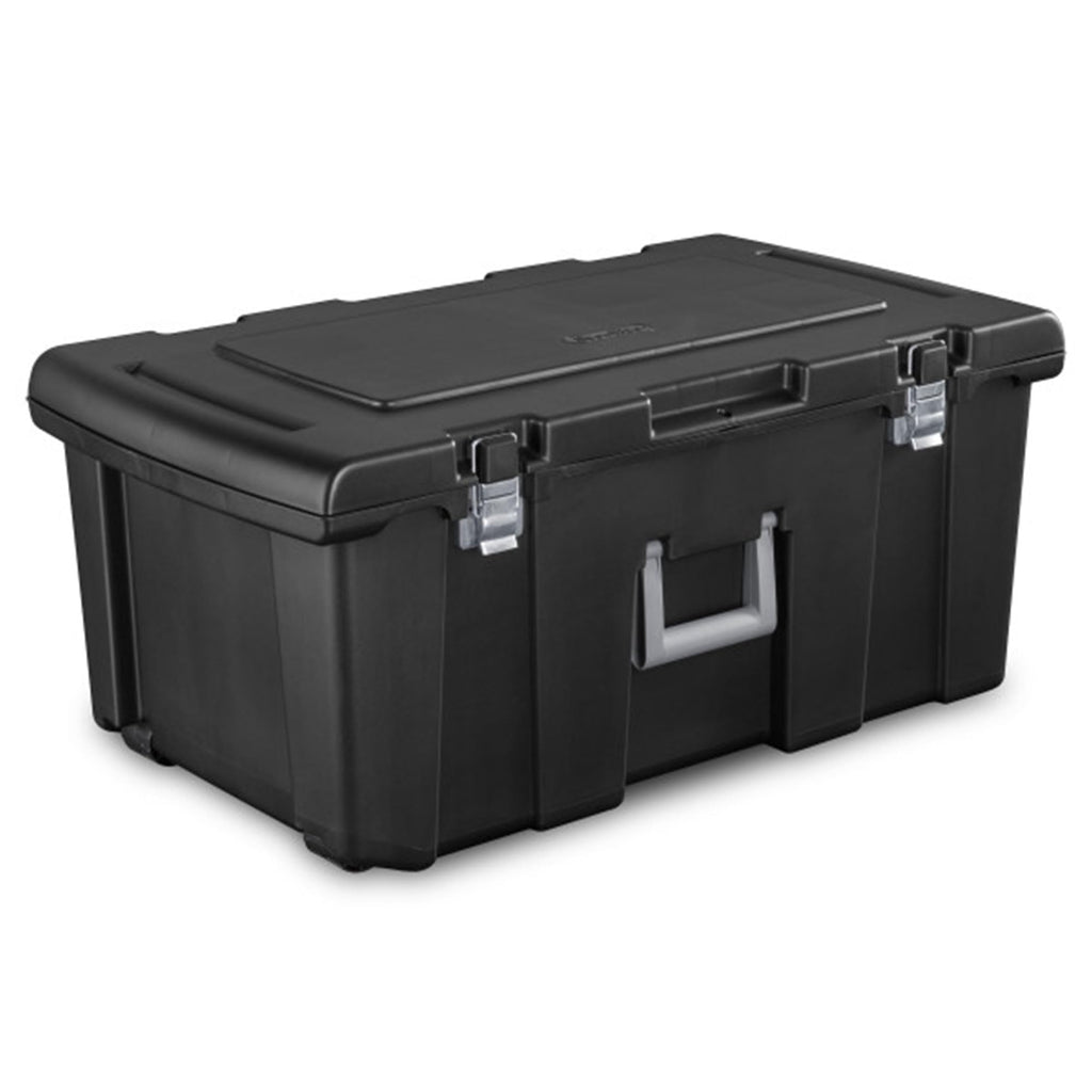 Stackable Plastic Storage Bin with Latching Lid, Wheels and Handle, Black D4021