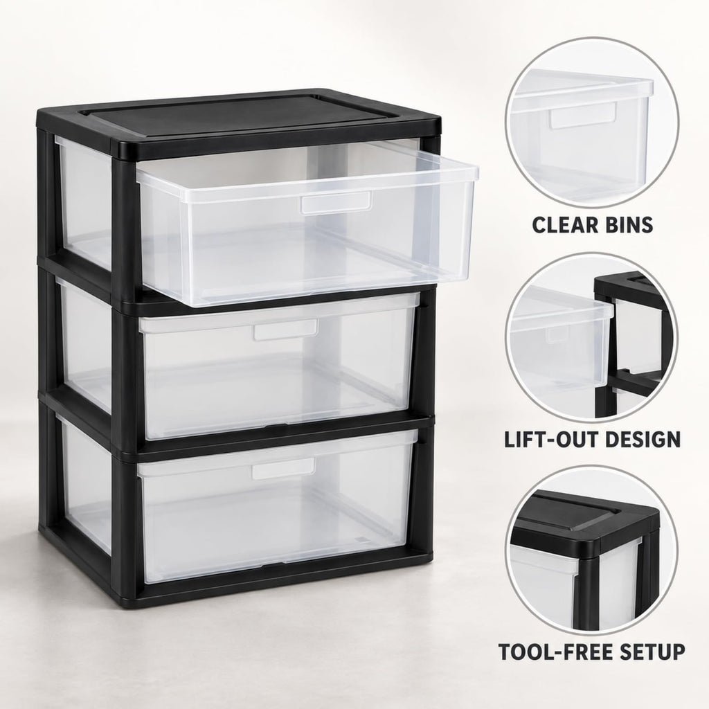 3 Drawer Clear Plastic Storage Cart H58244