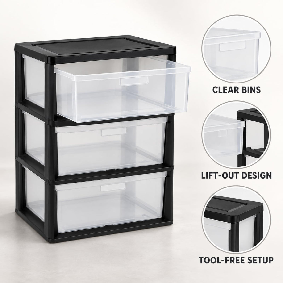 3 Drawer Clear Plastic Storage Cart H58244