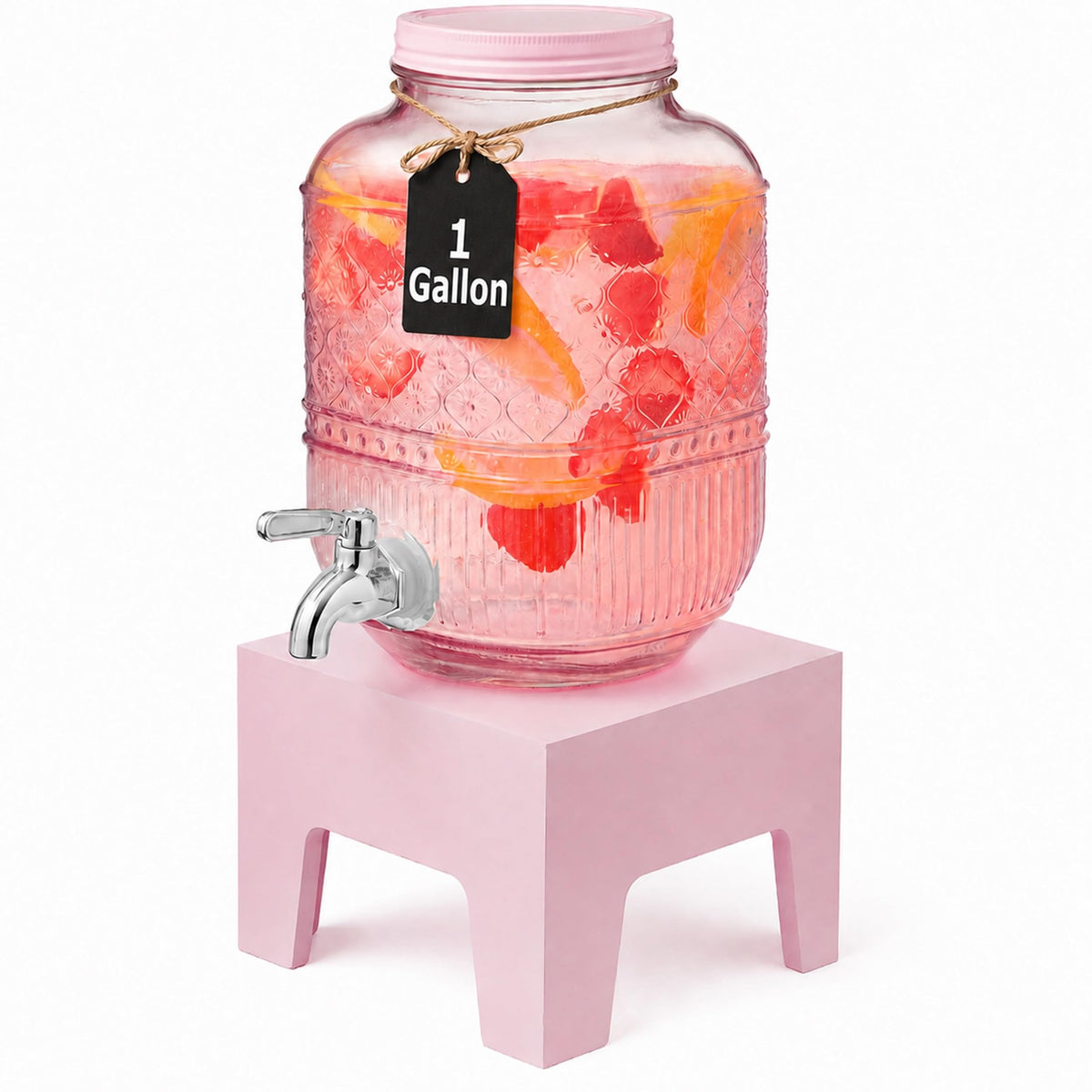 Pink Glass Beverage Dispenser with Wooden Stand, 1 Gallon T6091