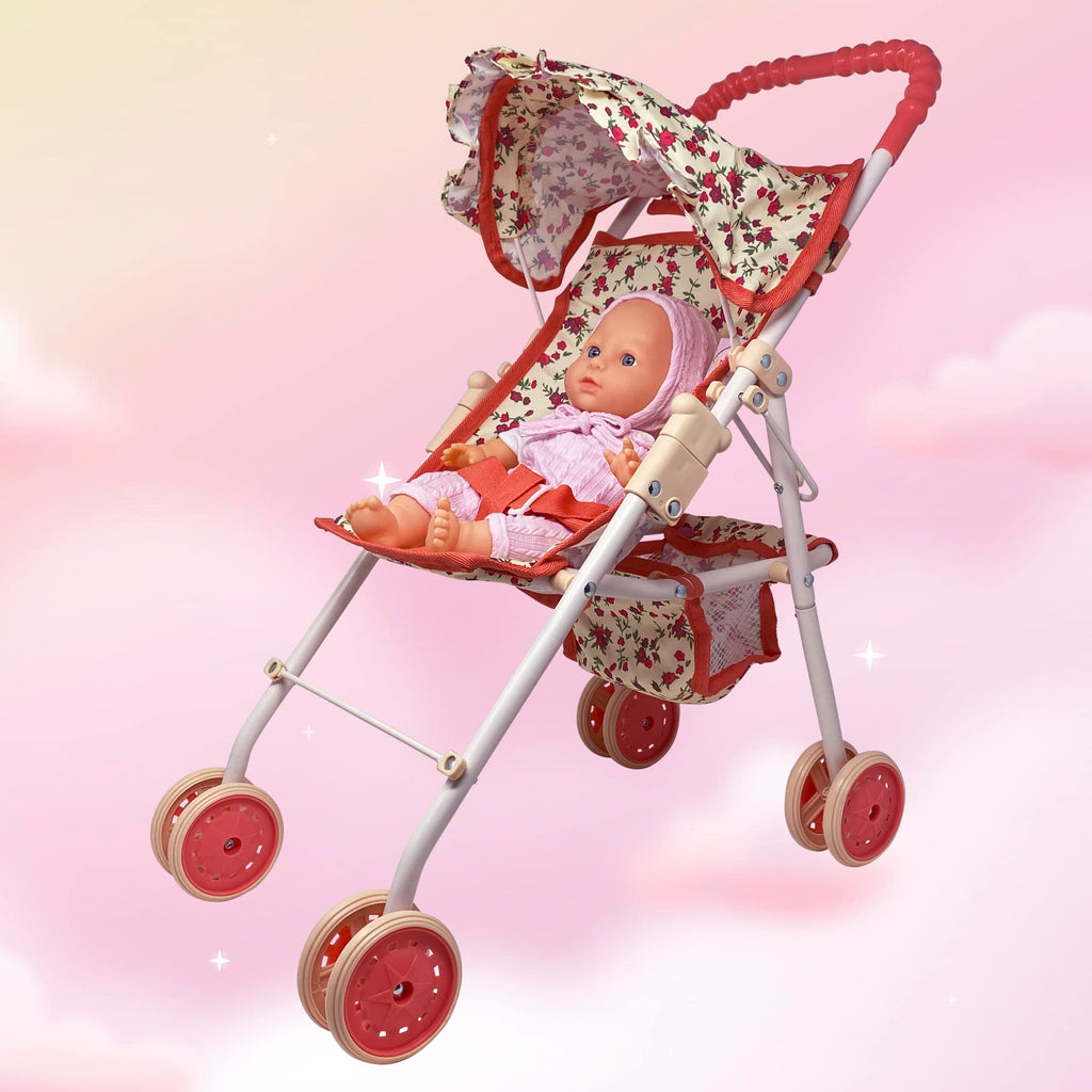 Baby Doll Stroller with Storage Basket, Foldable Frame, Canopy, Seatbelt I50666