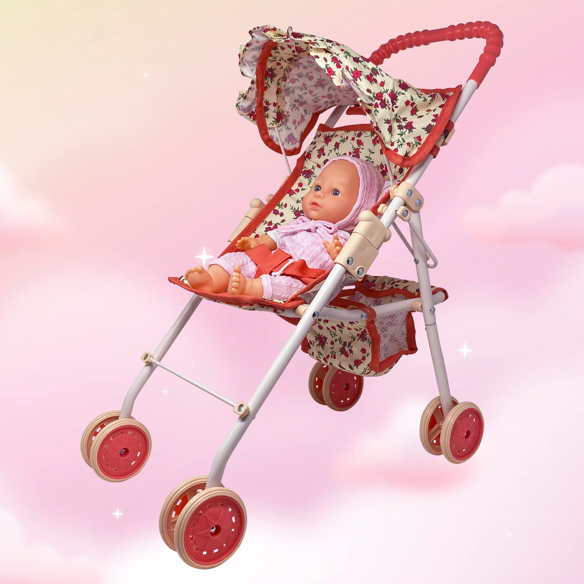 Baby Doll Stroller with Storage Basket, Foldable Frame, Canopy, Seatbelt I50666