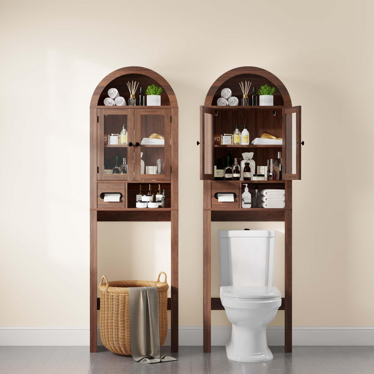Arched Over the Toilet Storage Cabinet with Tempered Glass Doors G684