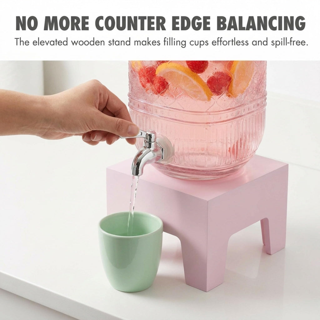 Pink Glass Beverage Dispenser with Wooden Stand, 1 Gallon T6091