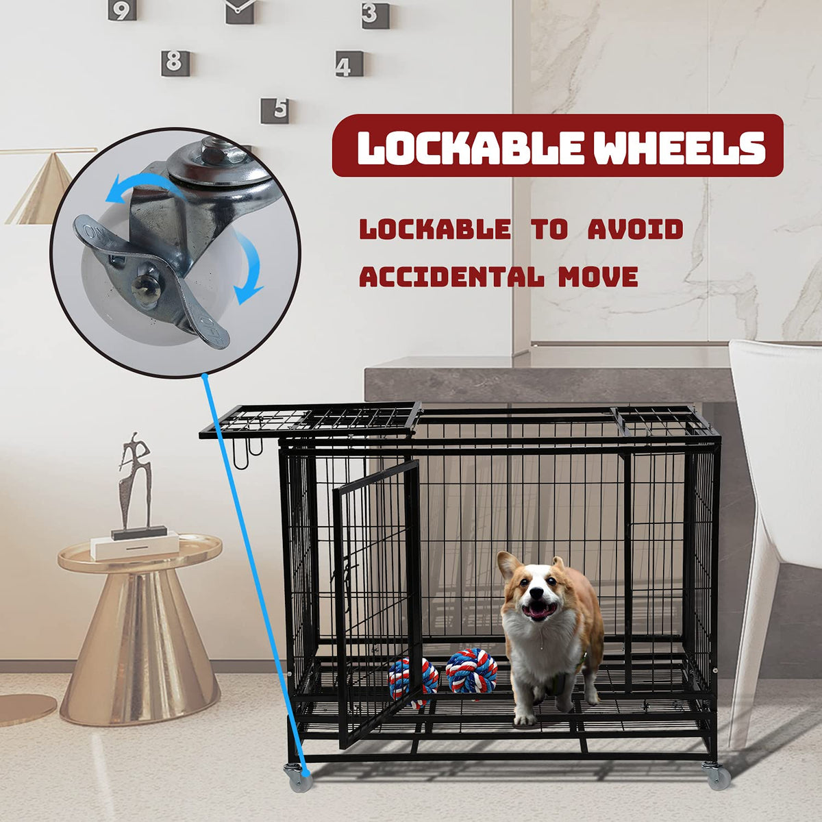 48 inch Heavy Duty Foldable Dog Crate with Lockable Wheels O6147