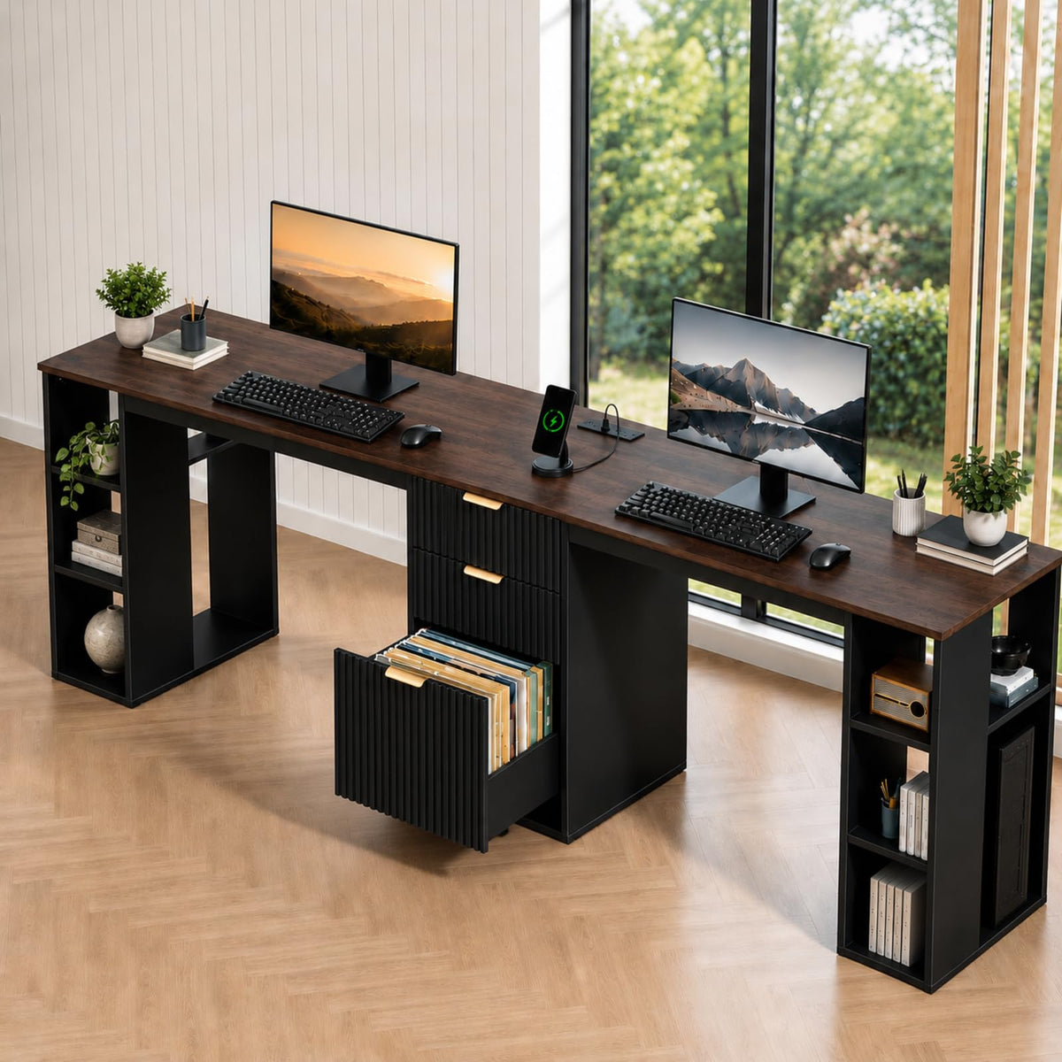 Black 2 Person Desk with Power Outlet and USB Ports G750