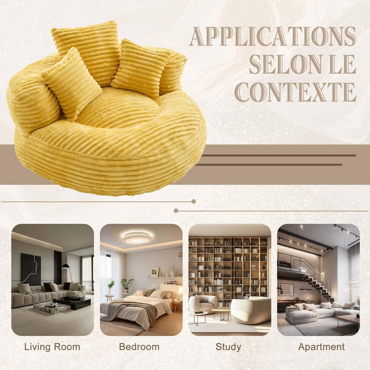 Oversized Corduroy Bean Bag Chair with 3 Pillows T69033