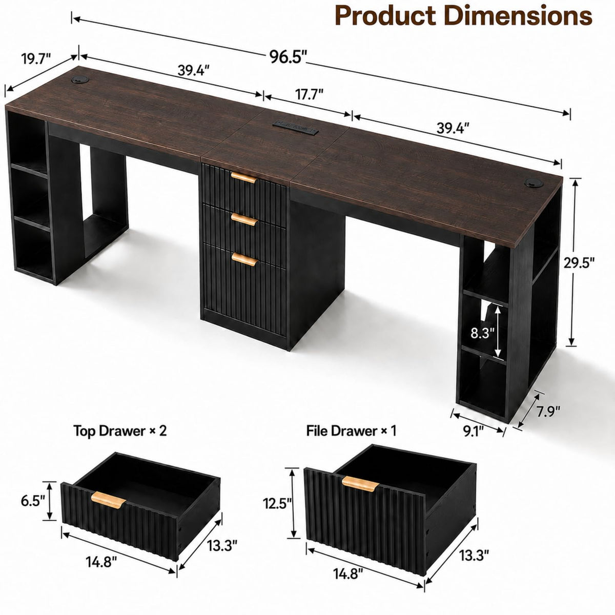 Black 2 Person Desk with Power Outlet and USB Ports G750