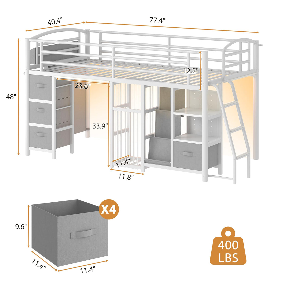Twin Low Loft Bed with Storage Drawers and LED Lights A427