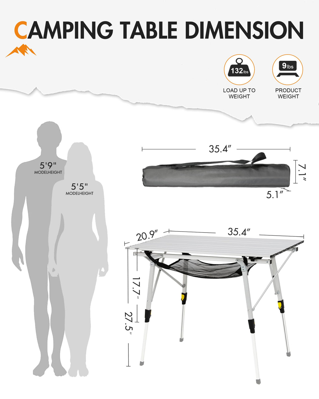 Folding Portable Camping Table with Adjustable Height Aluminum Roll Up Top C726029