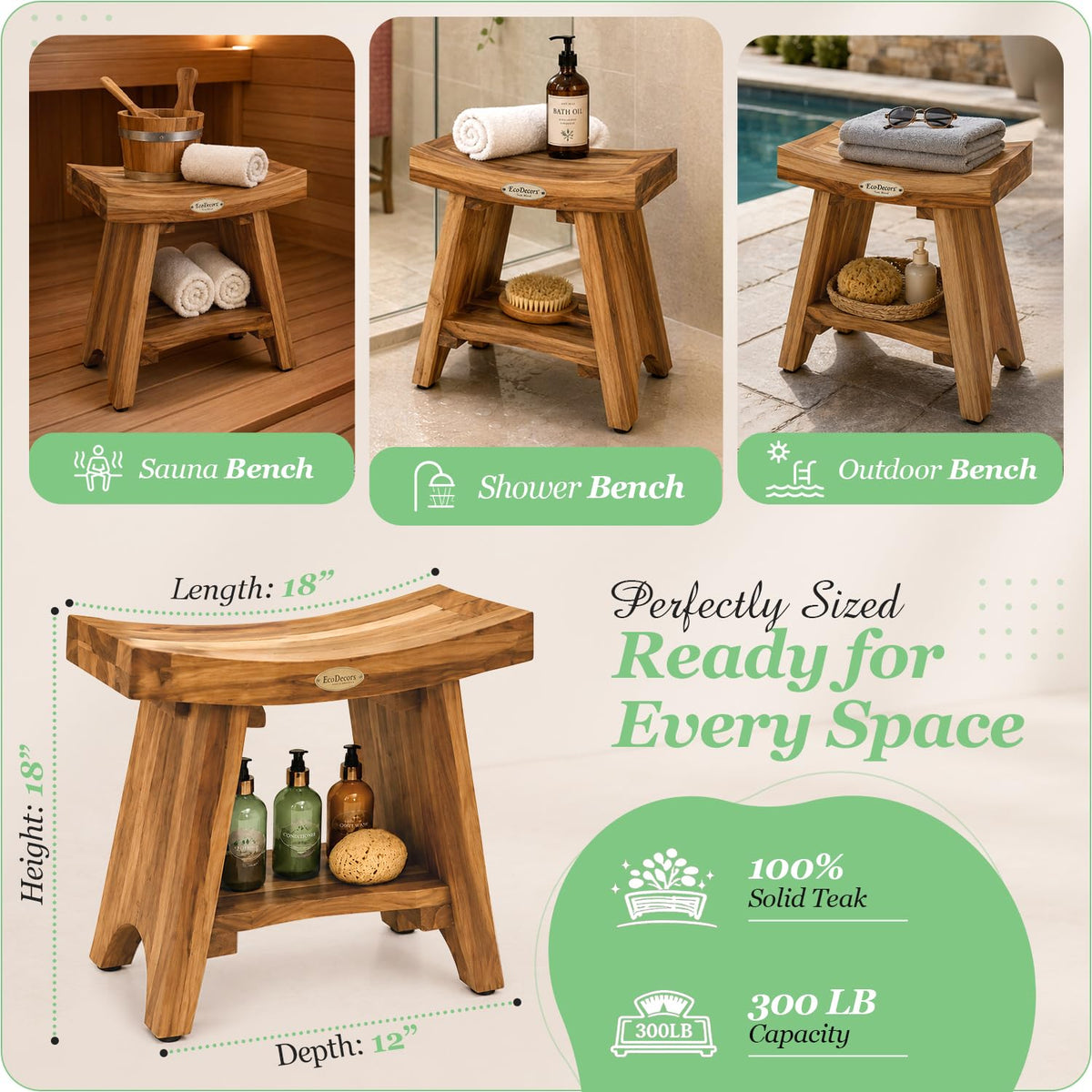 18" Solid Teak Shower Bench with Shelf W445361