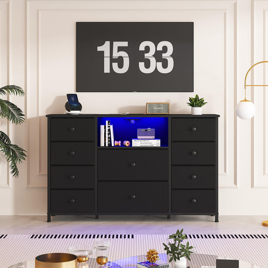 Black Dresser with Charging Station and LED Lights X38901
