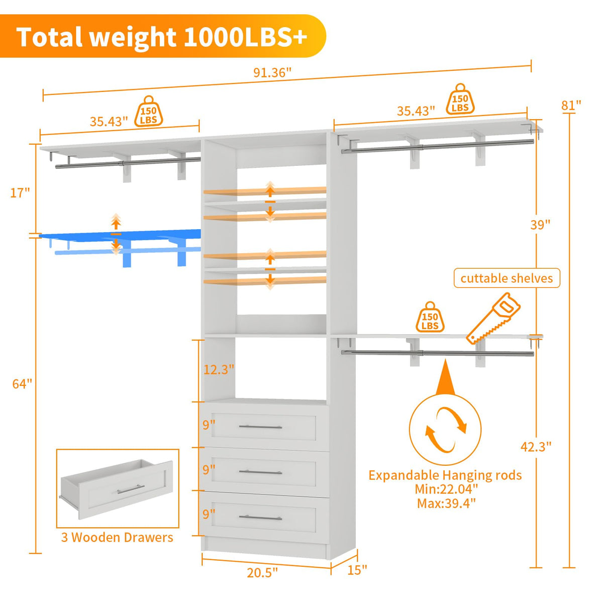 White Closet System with 3 Wood Drawers and Hanging Rods F25474