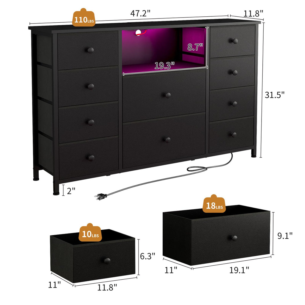 Black Dresser with Charging Station and LED Lights X38901