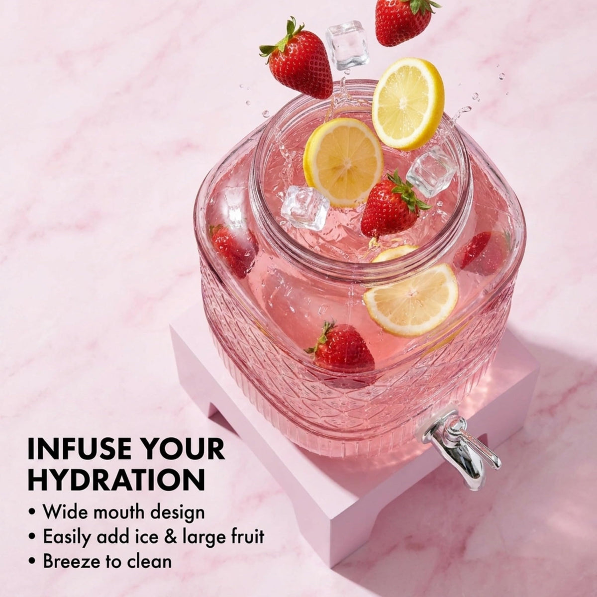 Pink Glass Beverage Dispenser with Wooden Stand, 1 Gallon T6091