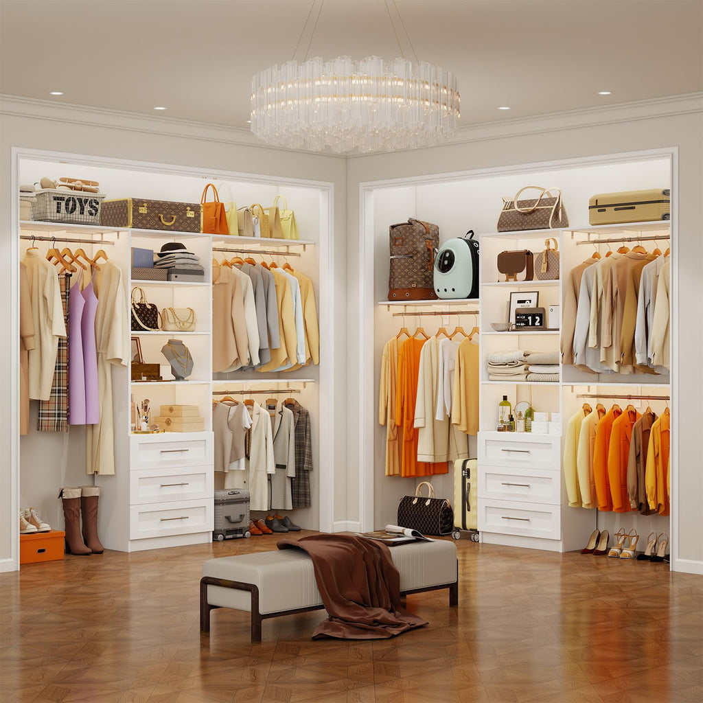 White Closet System with 3 Wood Drawers and Hanging Rods F25474