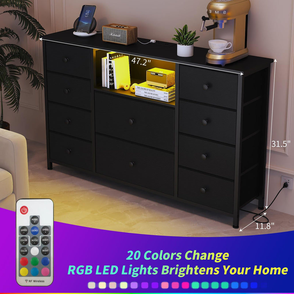 Black Dresser with Charging Station and LED Lights X38901