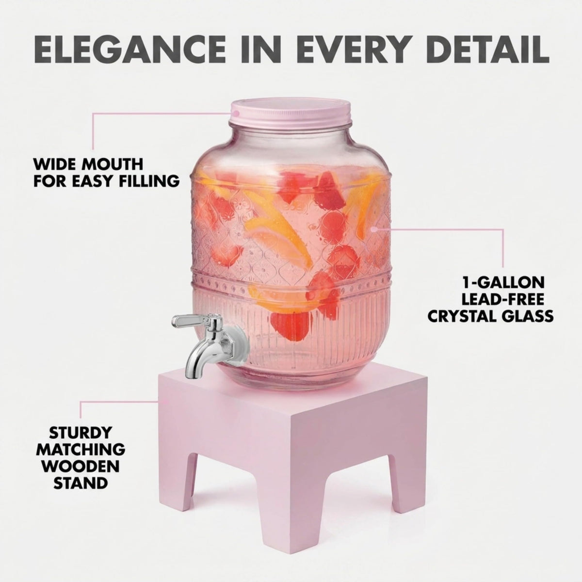 Pink Glass Beverage Dispenser with Wooden Stand, 1 Gallon T6091