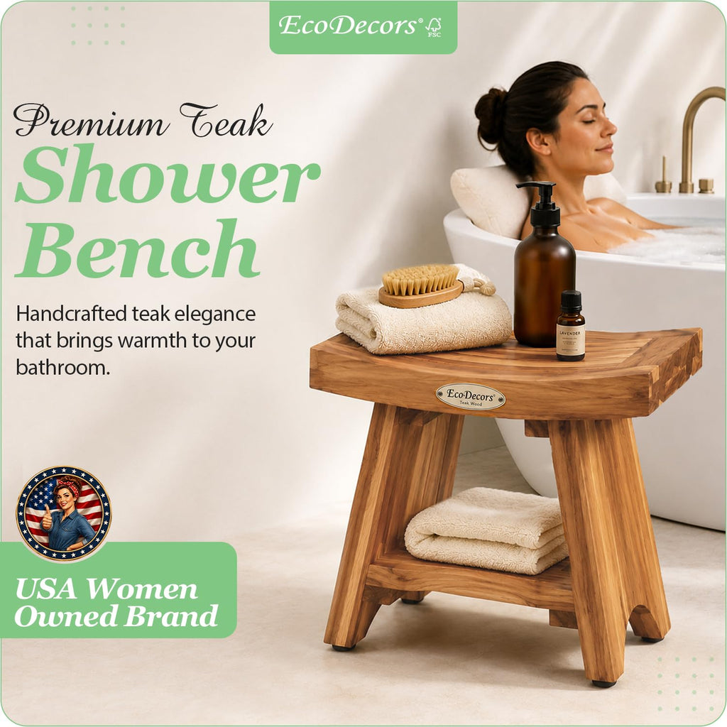 18" Solid Teak Shower Bench with Shelf W445361