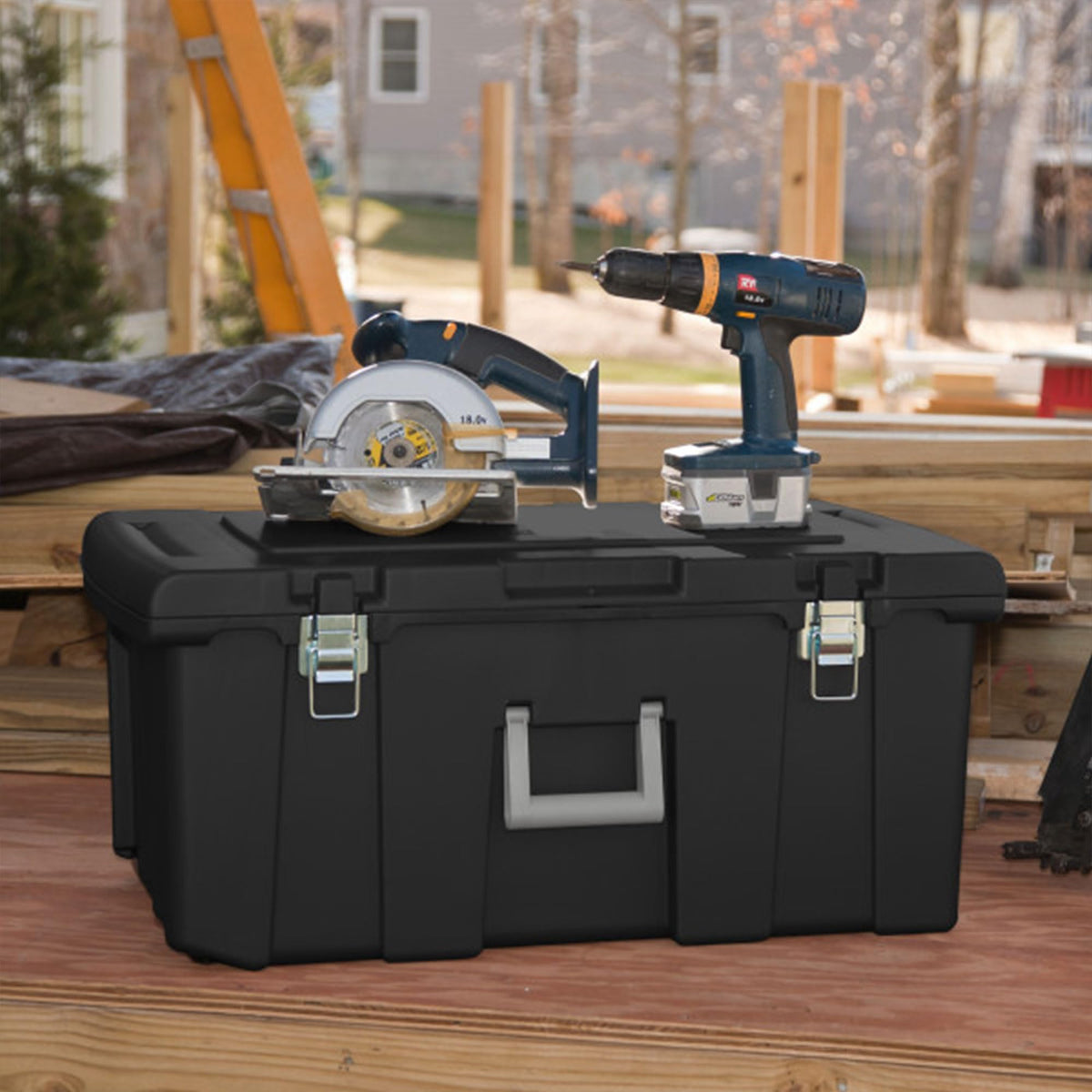 Stackable Plastic Storage Bin with Latching Lid, Wheels and Handle, Black D4021