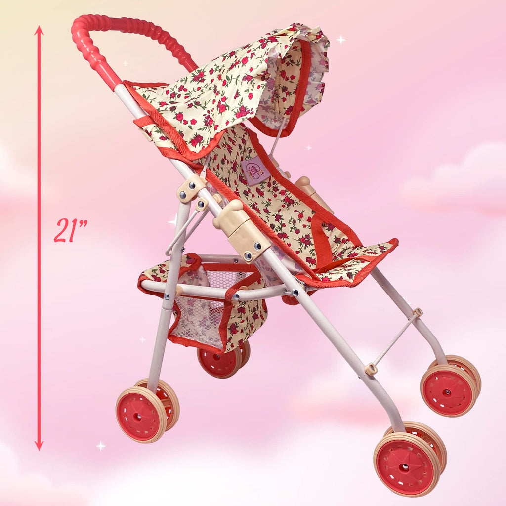 Baby Doll Stroller with Storage Basket, Foldable Frame, Canopy, Seatbelt I50666