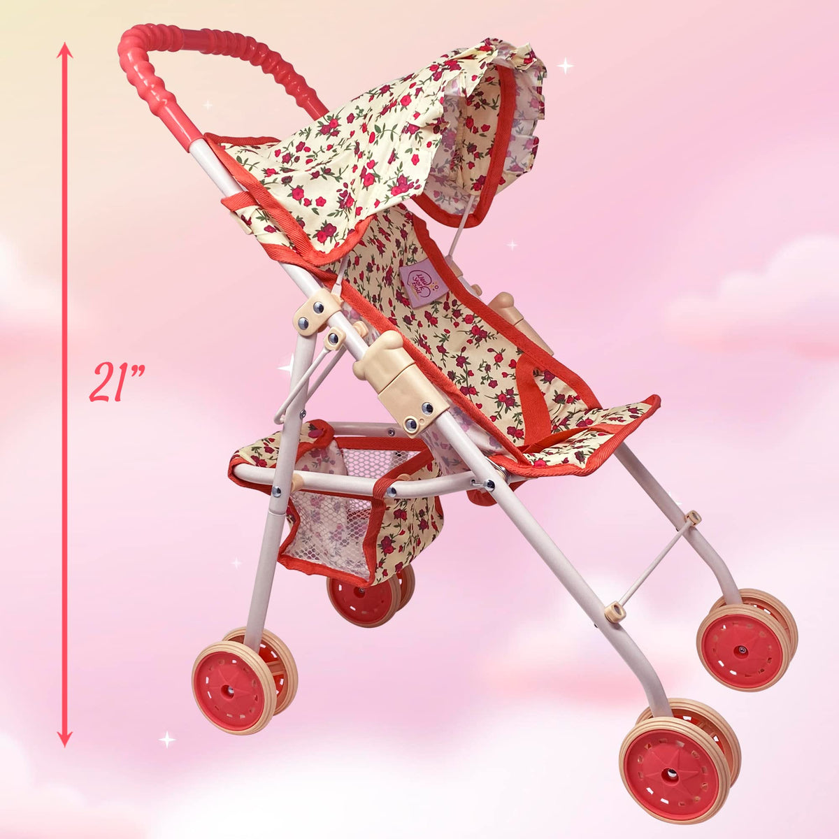 Baby Doll Stroller with Storage Basket, Foldable Frame, Canopy, Seatbelt I50666