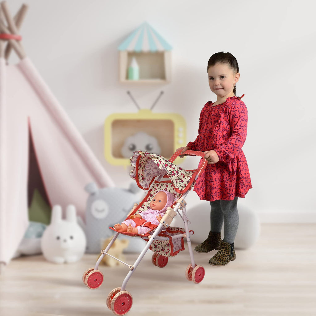 Baby Doll Stroller with Storage Basket, Foldable Frame, Canopy, Seatbelt I50666