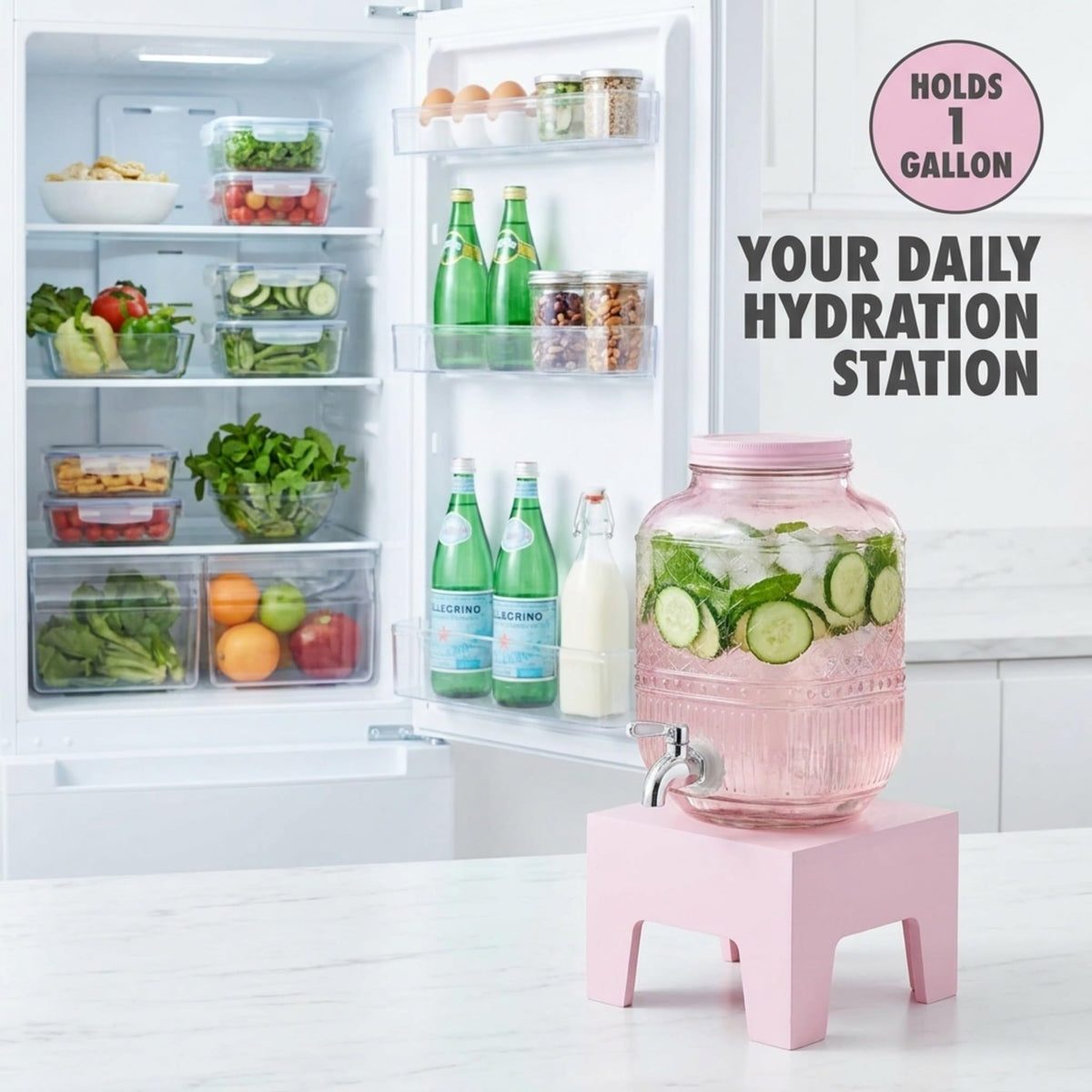 Pink Glass Beverage Dispenser with Wooden Stand, 1 Gallon T6091
