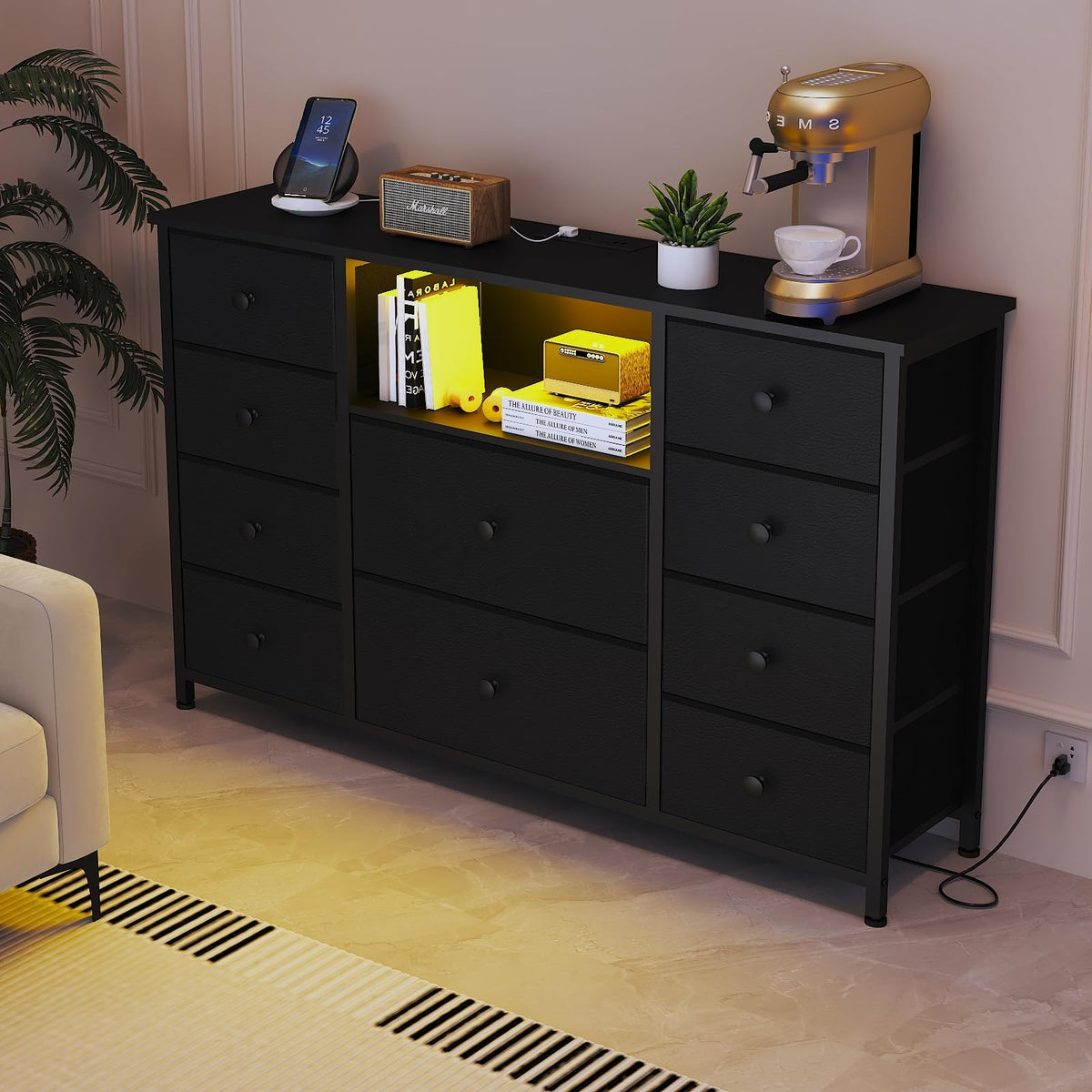 Black Dresser with Charging Station and LED Lights X38901