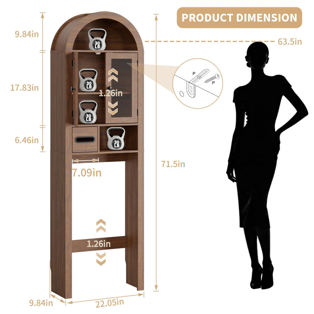 Arched Over the Toilet Storage Cabinet with Tempered Glass Doors G684