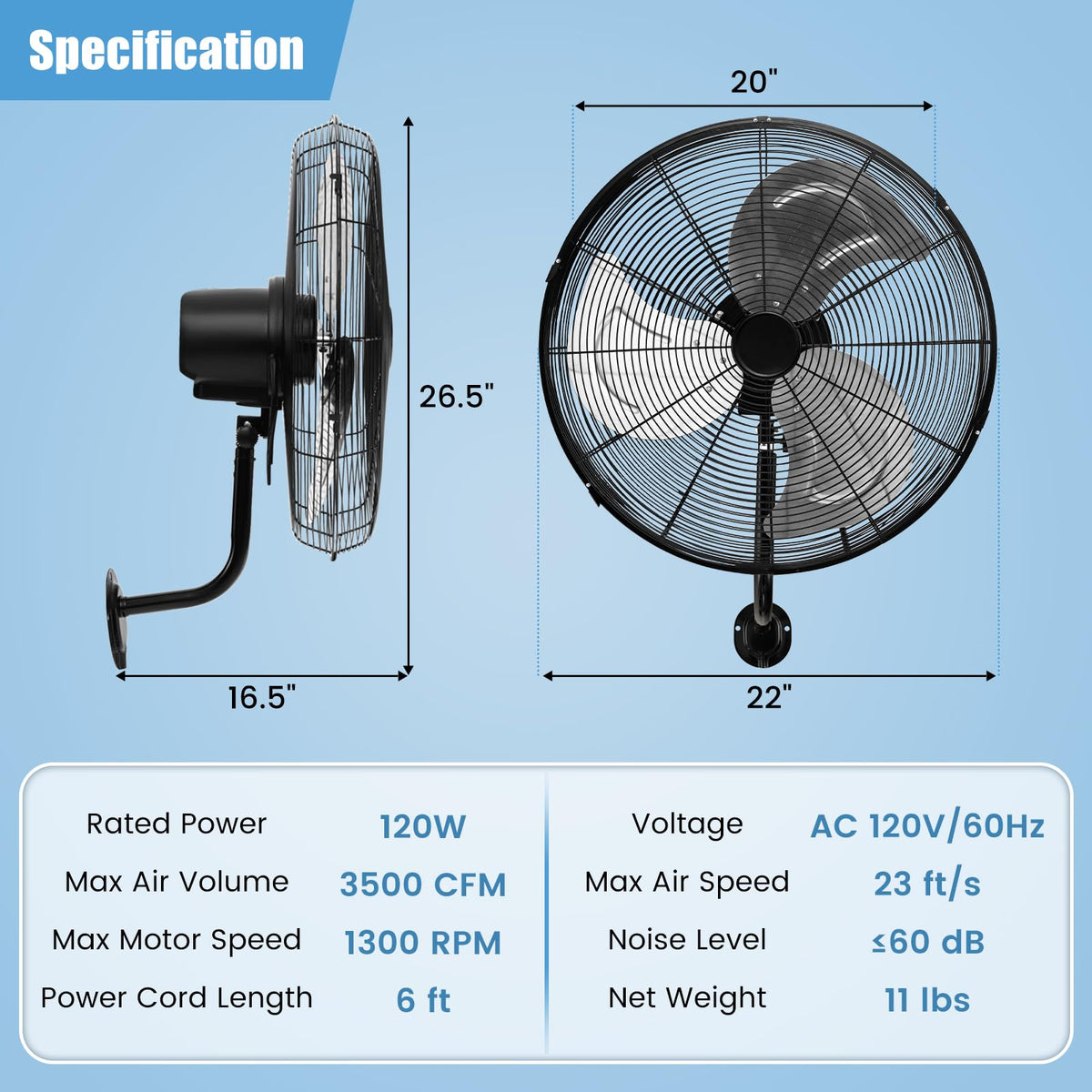 20 Inch 3-Speed Oscillating Metal Wall Fan Z130198