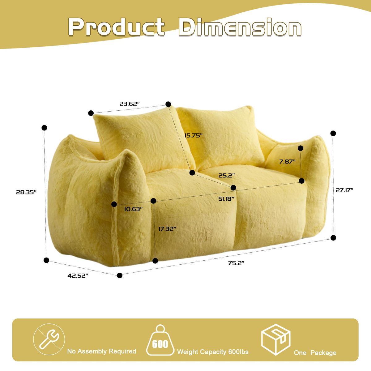 Oversized Yellow Fluffy Loveseat with Pillows Y210662