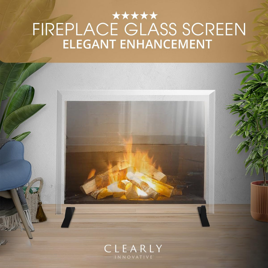 Tempered Glass Fireplace Screen, 33" x 46", Black Base Q112