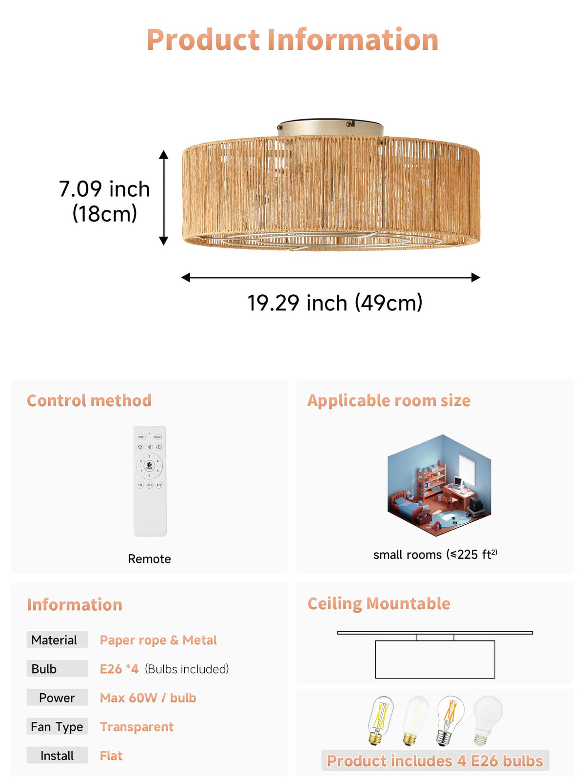 20" Rattan Ceiling Fan with Lights C8704