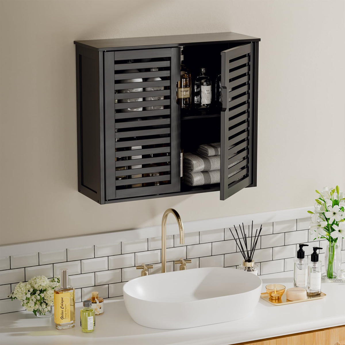 Black Bathroom Storage Cabinet with Adjustable Shelf G16872