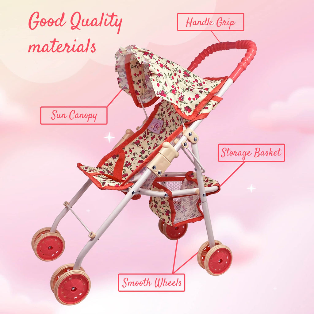 Baby Doll Stroller with Storage Basket, Foldable Frame, Canopy, Seatbelt I50666
