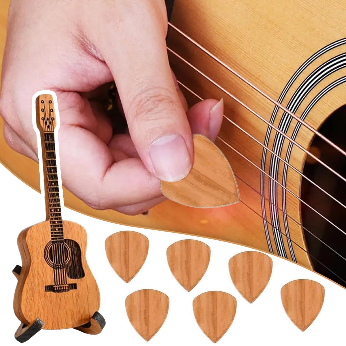 Wooden Guitar Pick Box with 6 Pcs Guitar Picks G212943