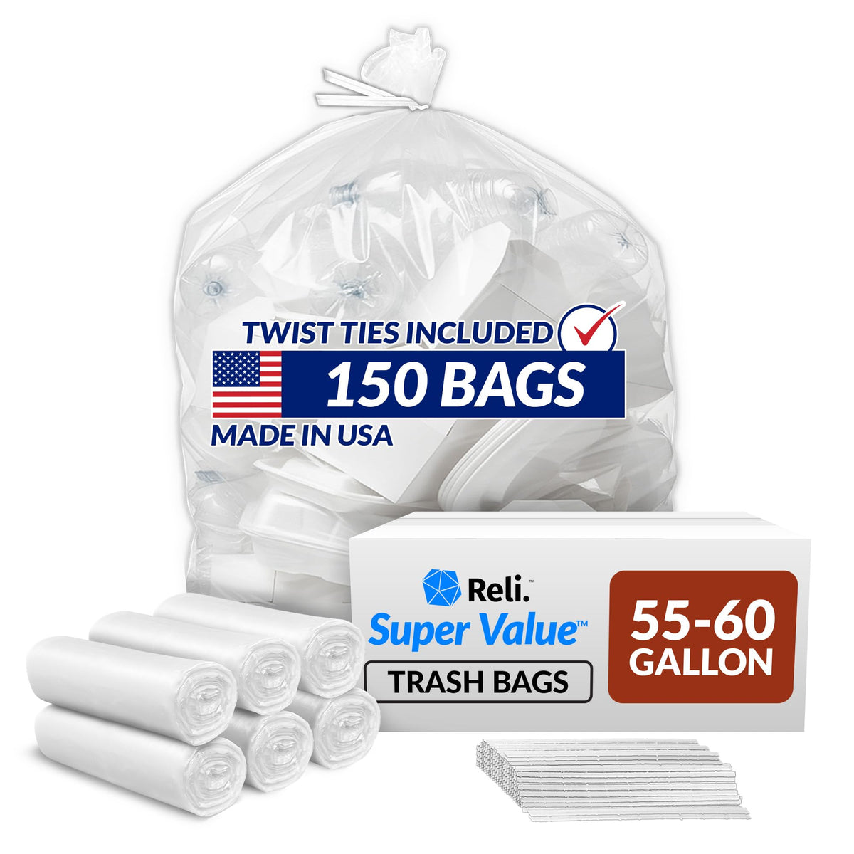 55-60 Gallon Heavy Duty Clear Trash Bags with Ties G945