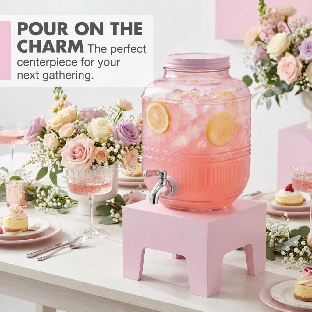 Pink Glass Beverage Dispenser with Wooden Stand, 1 Gallon T6091