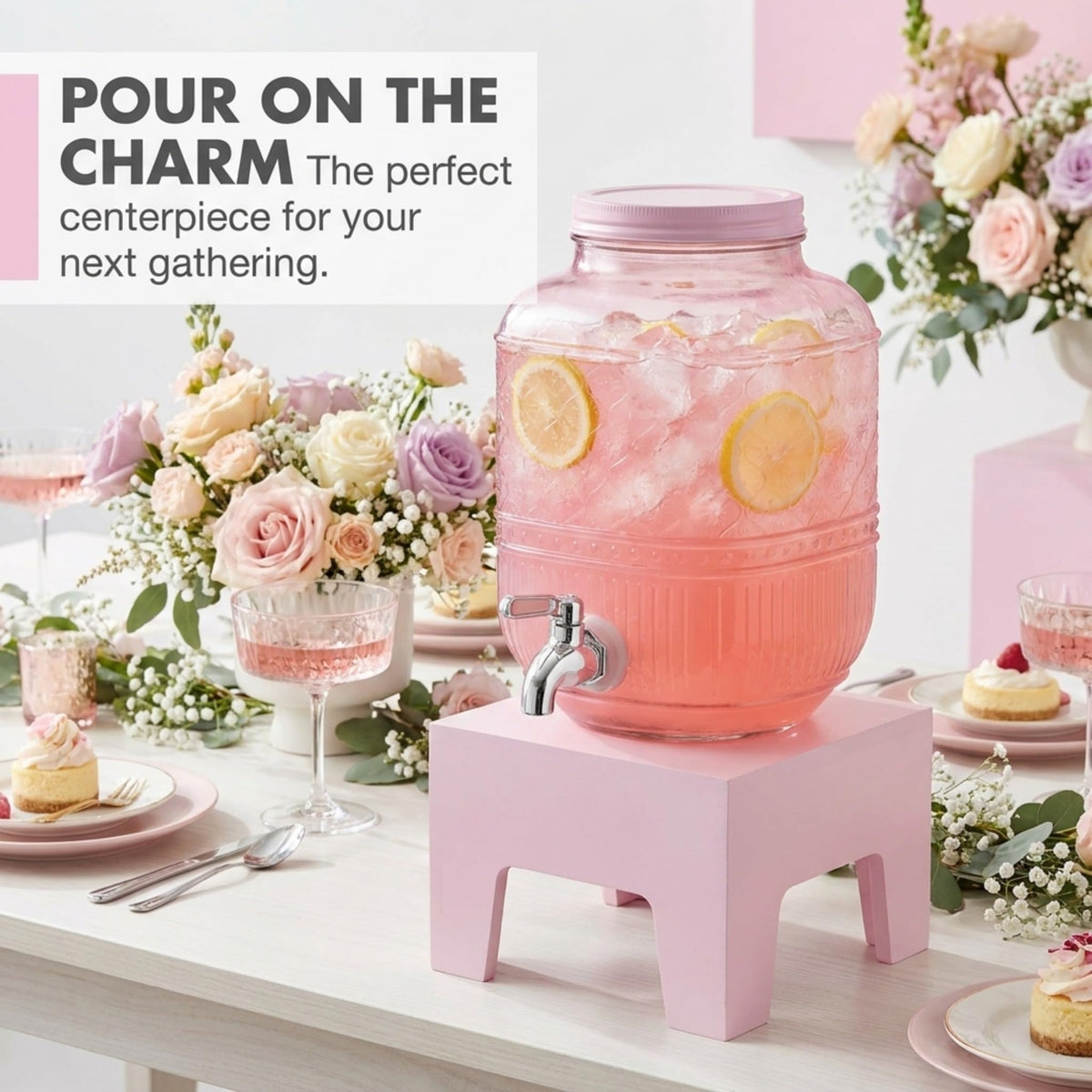 Pink Glass Beverage Dispenser with Wooden Stand, 1 Gallon T6091