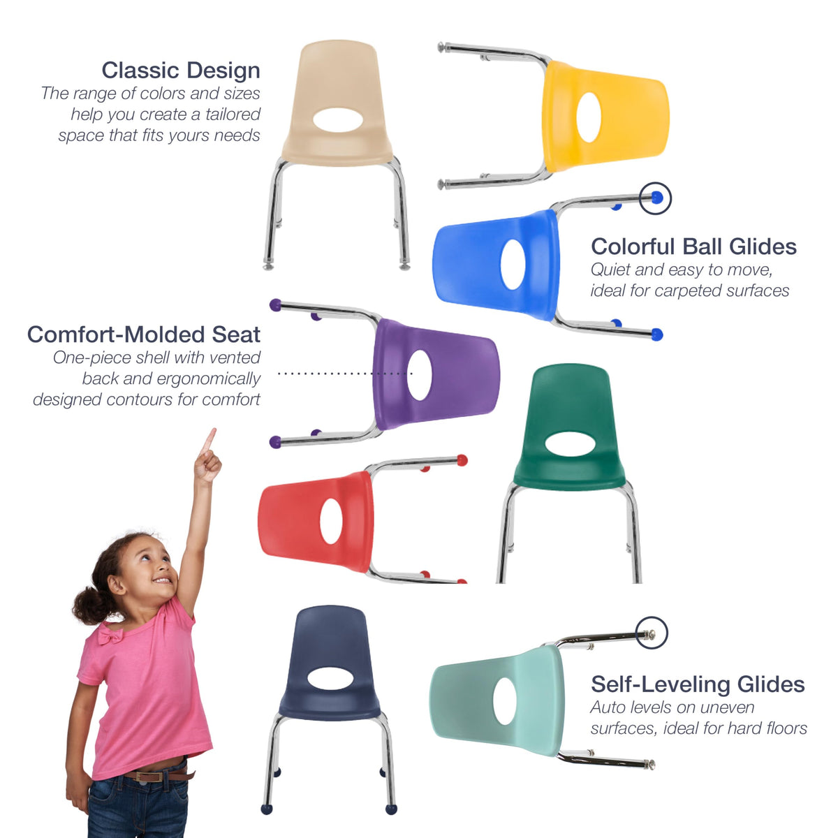 12" School Stack Chair with Ball Glides, Navy, 6-Pack P267943