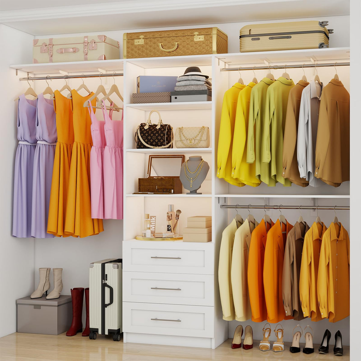 White Closet System with 3 Wood Drawers and Hanging Rods F25474