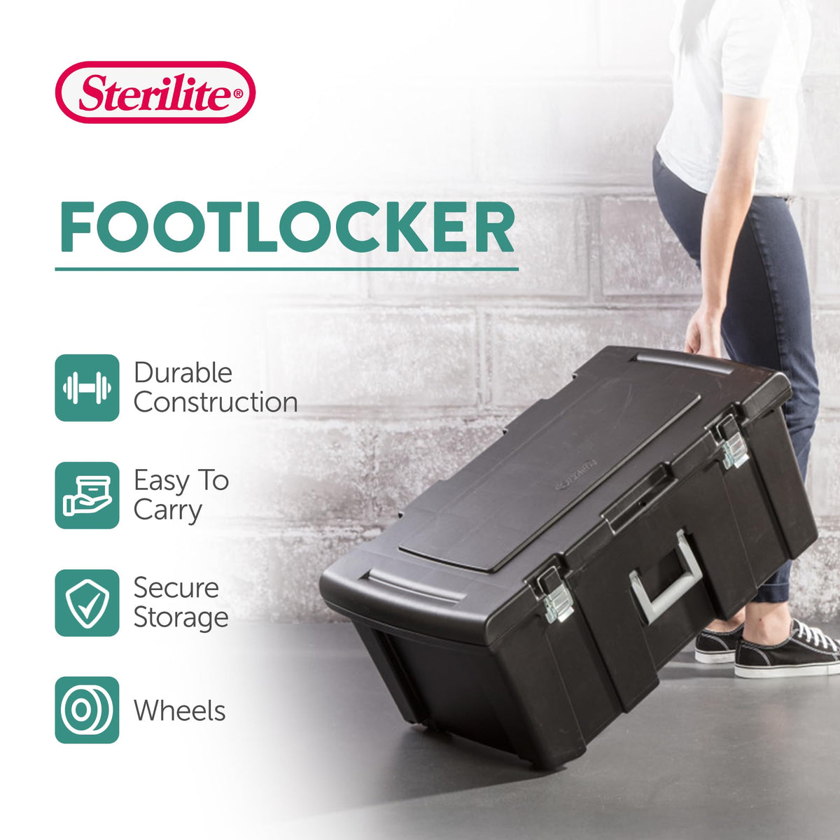 Stackable Plastic Storage Bin with Latching Lid, Wheels and Handle, Black D4021