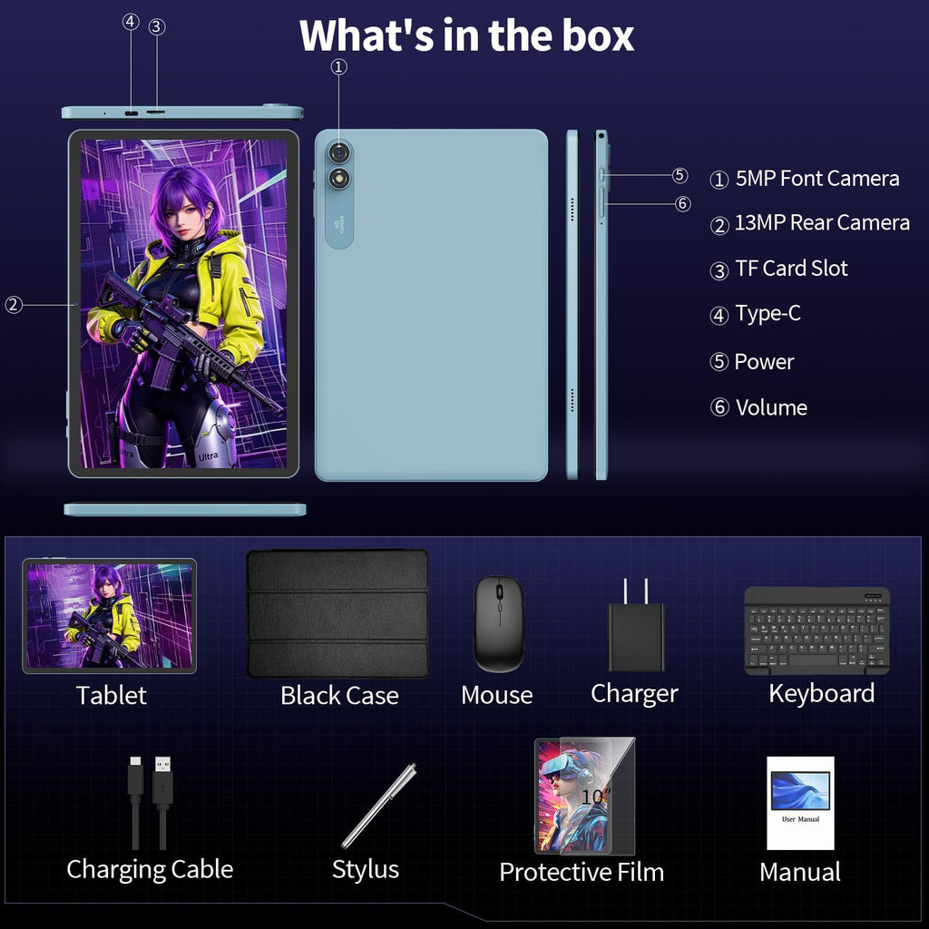 Android 16 Tablet 10 inch 32GB 256GB 2TB Expand Black S416