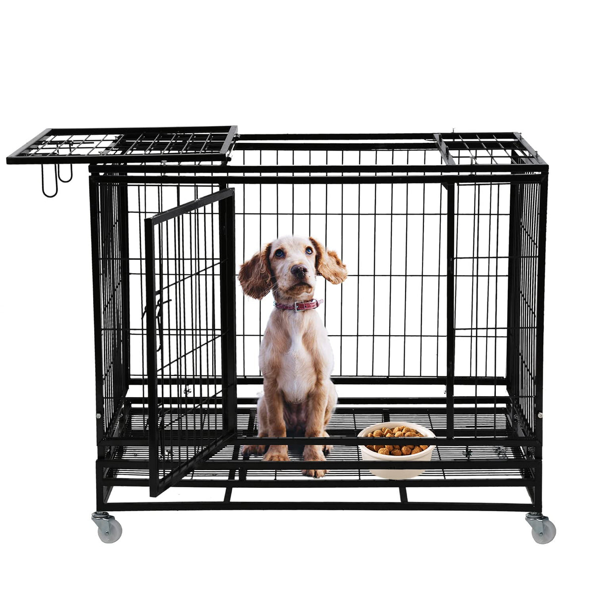 48 inch Heavy Duty Foldable Dog Crate with Lockable Wheels O6147