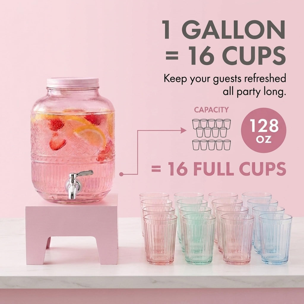 Pink Glass Beverage Dispenser with Wooden Stand, 1 Gallon T6091